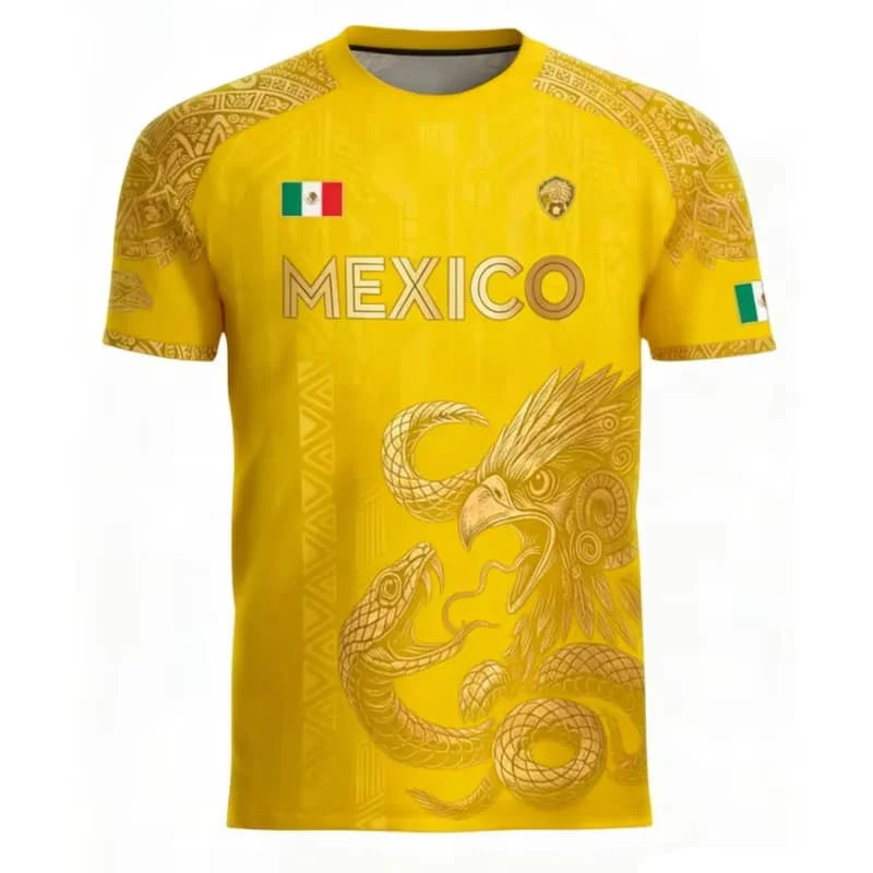 2026 New Summer Mexico Soccer Jersey Men Black Gold Design with Aztec Eagle Snake Print and Mexican Flag for Football Fans