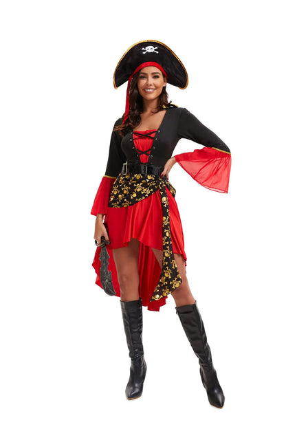 S-3XL Black Red Dress With Belt Pirate Hat Role Playing Cosplay Costume Halloween Women Sexy Underwear With Long Sleeves