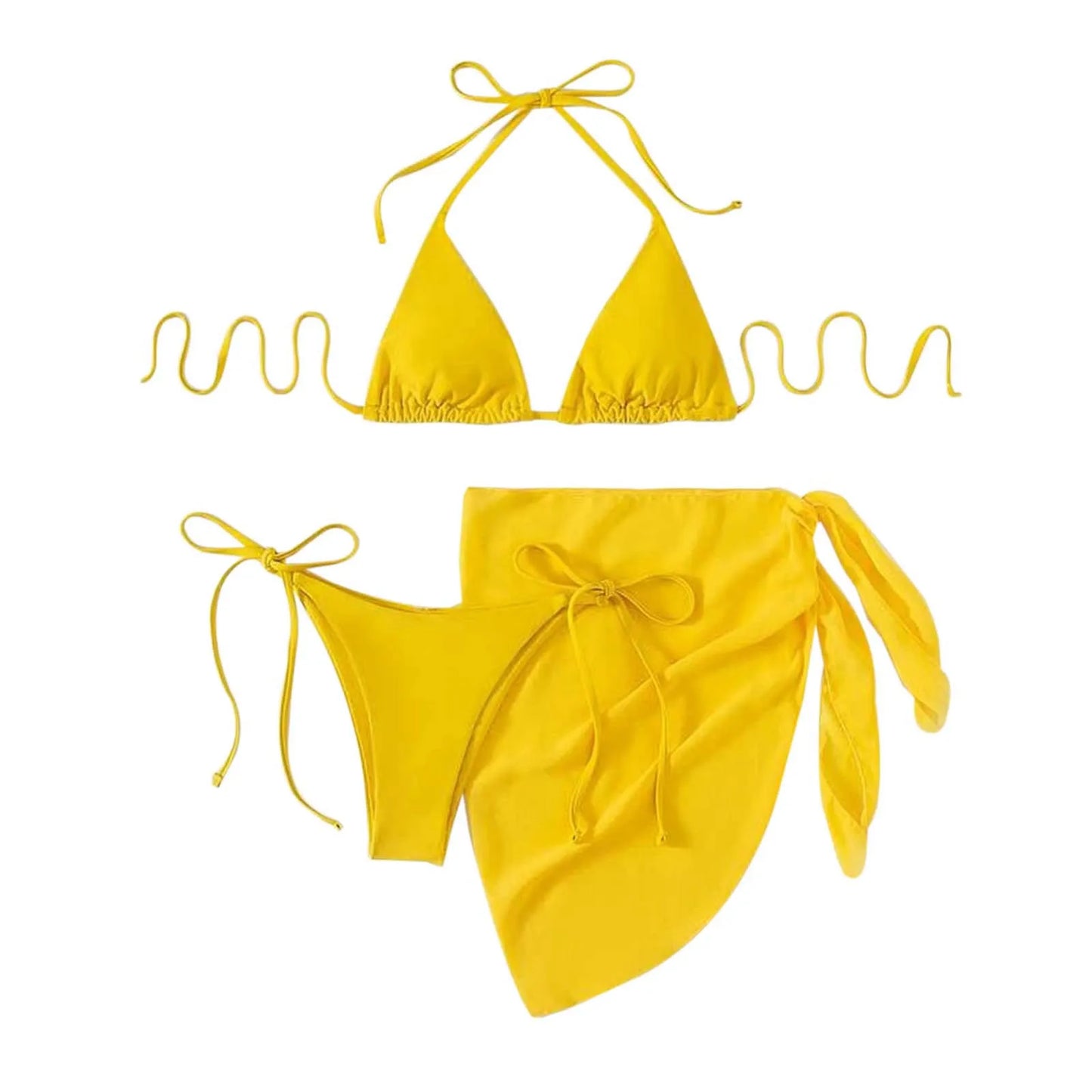 Sexy Three Pieces Bikini Set Women Summer Bikini With Sarong Skirt Solid Color Triangle Cup Tie Up Female Swimwear Swimming Suit