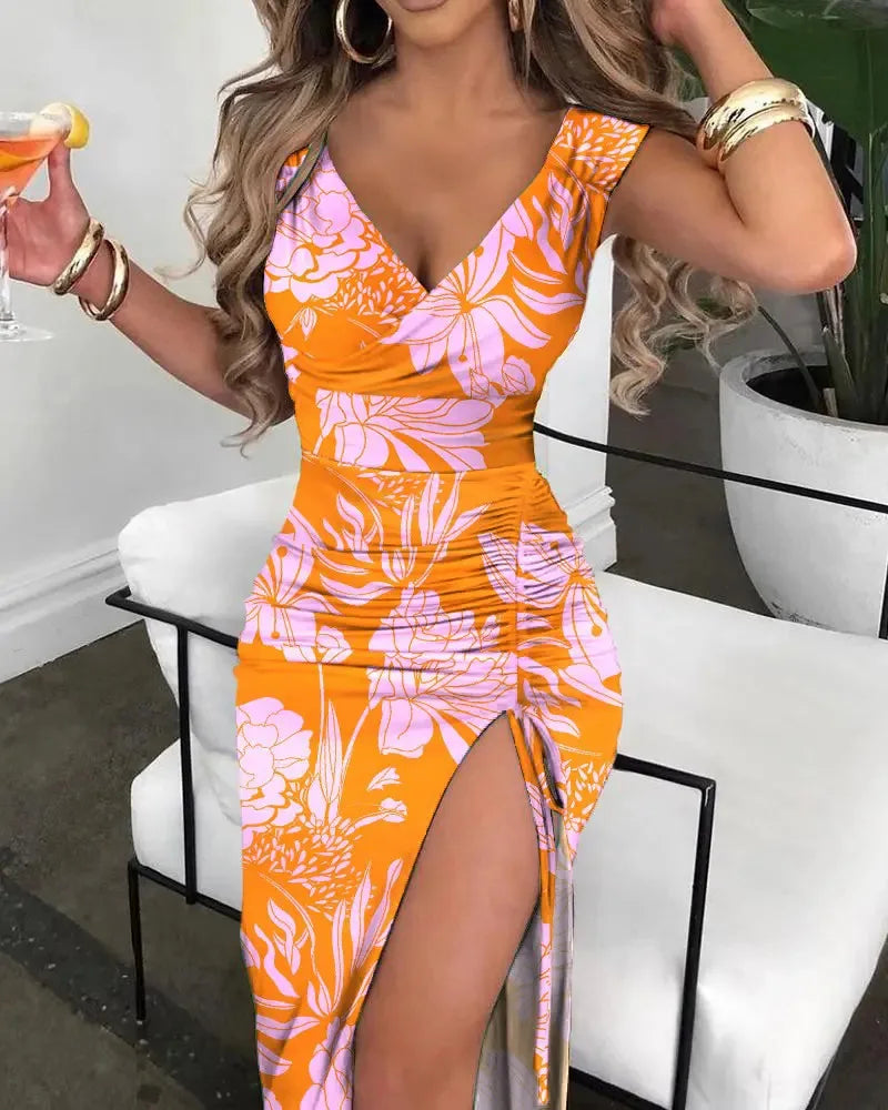 Womens Dresses Summer Floral Print Sexy V-Neck High Slit Sleeveless Casual Tight Fitting Daily High Waist Long Dress