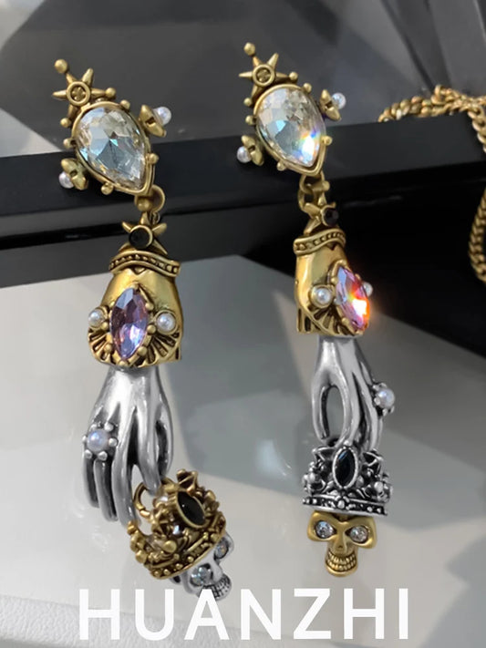 HUANZHI Retro Skeleton Hands Zircon Drop Earrings for Woman Hip-hop Golden Crown Skeleton Dangle Earrings Jewelry Wholesale Gift