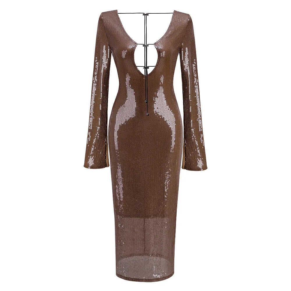 Elegant Deep V Sequin Long Sleeve Party Dress for Women Backless Lace Up Midi Dress Ankle Length Evening Dress Formal Gown Wear