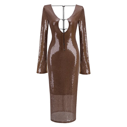 Elegant Deep V Sequin Long Sleeve Party Dress for Women Backless Lace Up Midi Dress Ankle Length Evening Dress Formal Gown Wear
