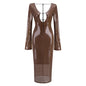 Elegant Deep V Sequin Long Sleeve Party Dress for Women Backless Lace Up Midi Dress Ankle Length Evening Dress Formal Gown Wear