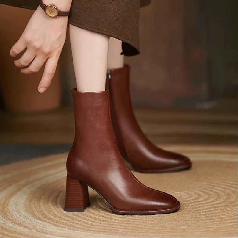 Leather Square Toe Heeled Booties Fleece-Lined Women's Ankle Boots Autumn Winter Female Short Shoes Trend 2025 on Offer Footwear