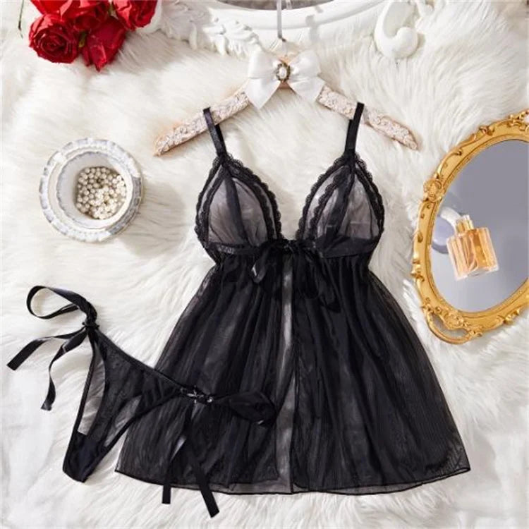 Summer Pajamas Sexy Adult Night Dress Woman Ultrathin Breathable Mesh Sleepwear V-Neck Slit Nightgown Sexy Lingerie Slip Pajamas