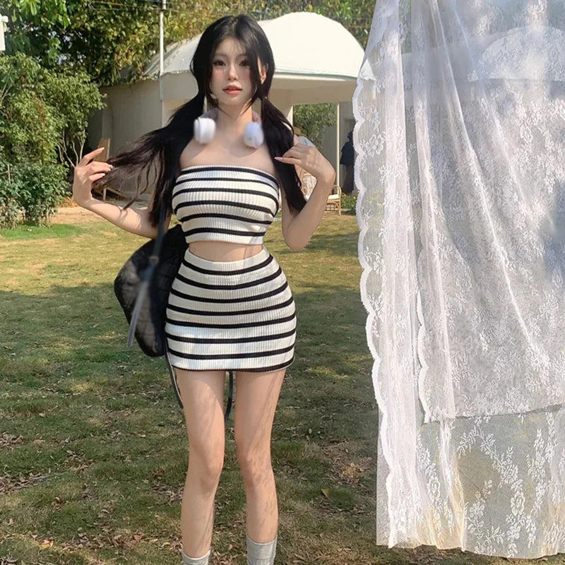 Women Summer Two Piece Set Women's Top Skirt Two Piece Set High WaistedSkirt Knitted Tube Top Stripe Casual Slim