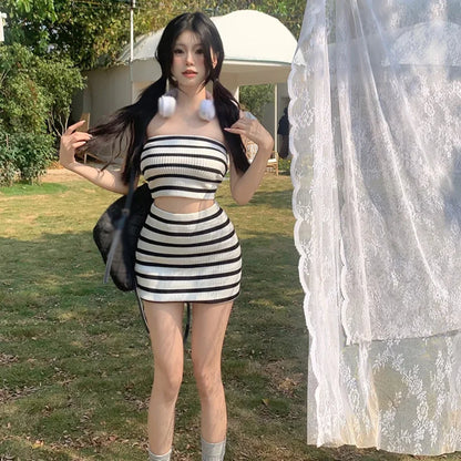 Women Summer Two Piece Set Women's Top Skirt Two Piece Set High WaistedSkirt Knitted Tube Top Stripe Casual Slim