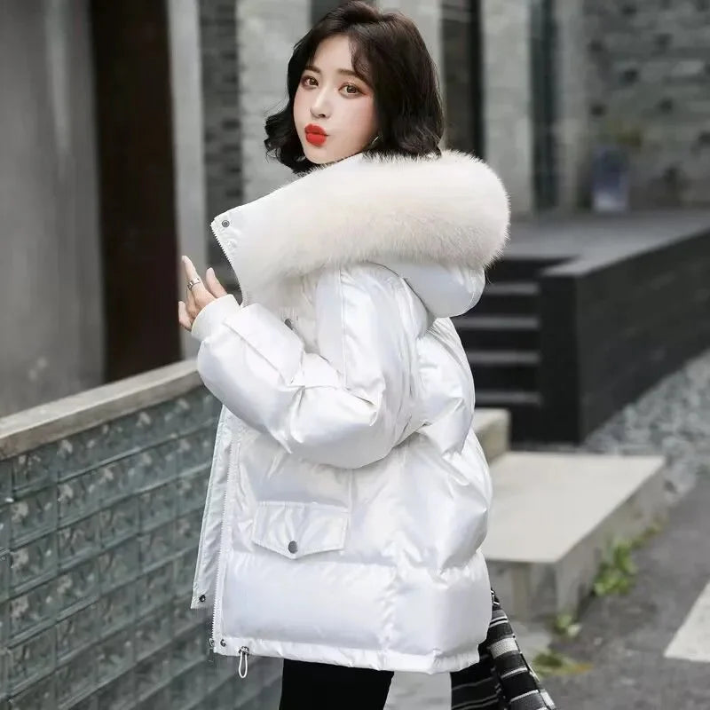 2025 Winter Fashion New Warm Duck Down Jacket Women's Clothes Glossy Fur collar Thicken Parka Short Down Coat Female Trend