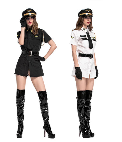 Black White Sexy Women Pilot Costumes Fancy Uniform Stewardess Cosplay Suit Carnival Masquerade Nightclub Role Play Dress