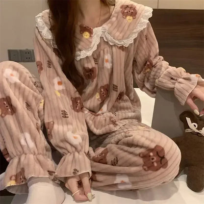 Ruffles Pajamas for Women Autumn Winter Peter Pan Collar Ruffle Sleeve Pajama Top and Elastice Waist Pants 2 Pcs Pajama Sets
