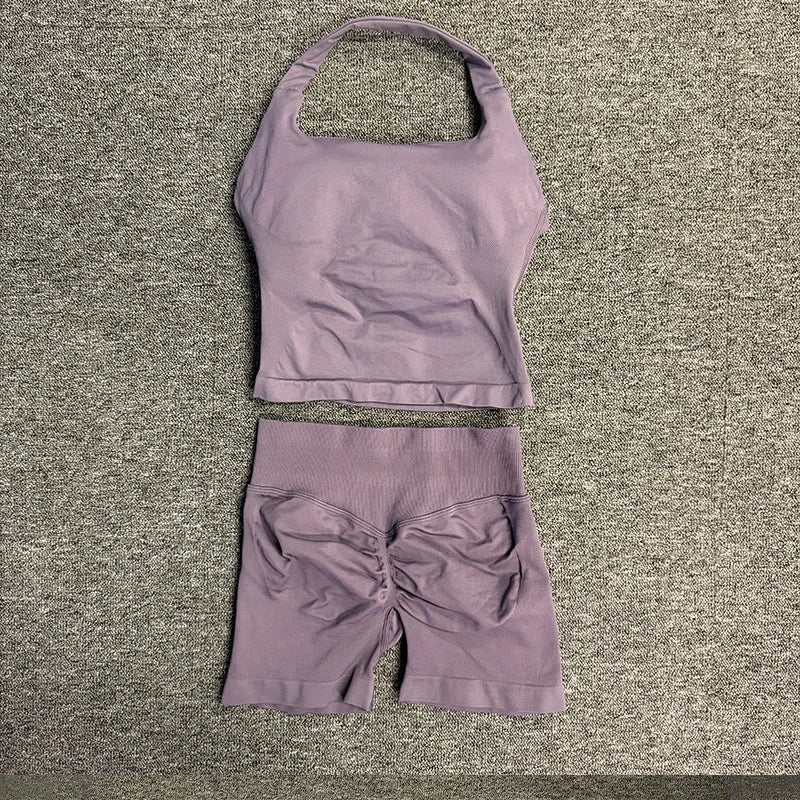 Yoga Gym Set Halter Top Set Yoga Leggings Shorts Set Backless Tights Bra Vest Seamless Stretch Ribbed Buttocks Lift Shorts Set