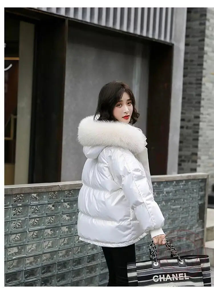 2025 Winter Fashion New Warm Duck Down Jacket Women's Clothes Glossy Fur collar Thicken Parka Short Down Coat Female Trend