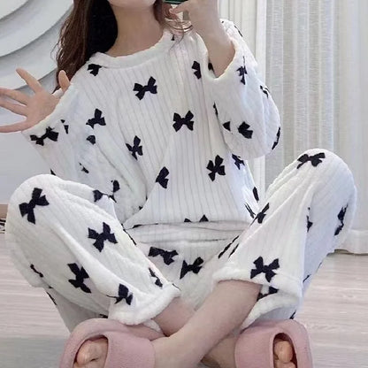 Adorable Sweet Coral Fce Thiened Autumn Winter Spwear Women's Casual Home Clothes Set Long Pants Comfortable Leisure ...