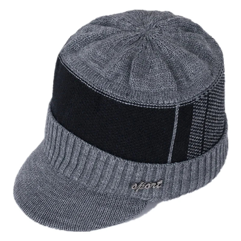 New Unisex Warm Winter Hat With Brim Add Fur Lined Beanie Hat Sports Label Thicken Winter Hats For Men Women Knitted Hat