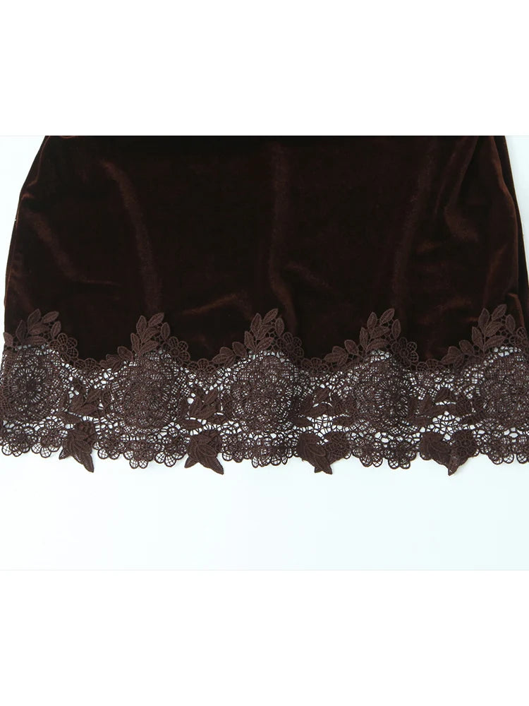 TFMLN Elegant Solid Velvet Dress For Women Chic Lace Spliceing Half High Collar Slim Sleeveless Short Dress Fashionable Ladies