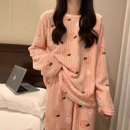 Adorable Sweet Coral Fce Thiened Autumn Winter Spwear Women's Casual Home Clothes Set Long Pants Comfortable Leisure ...
