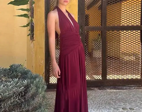 Womens Dresses New Summer Solid Color Halter V-Neck Sexy High Slit Backless Waist Cinching Ruched Casual Long Dress