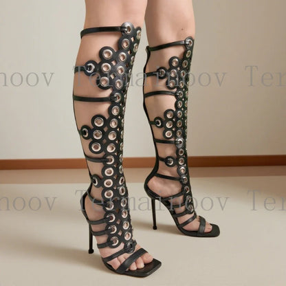 Sexy Women Knee High Sandals Stiletto Heel Cross Straps Round Buckle Decor Zipper Gladiator Heels Dress Party Shoes Hot