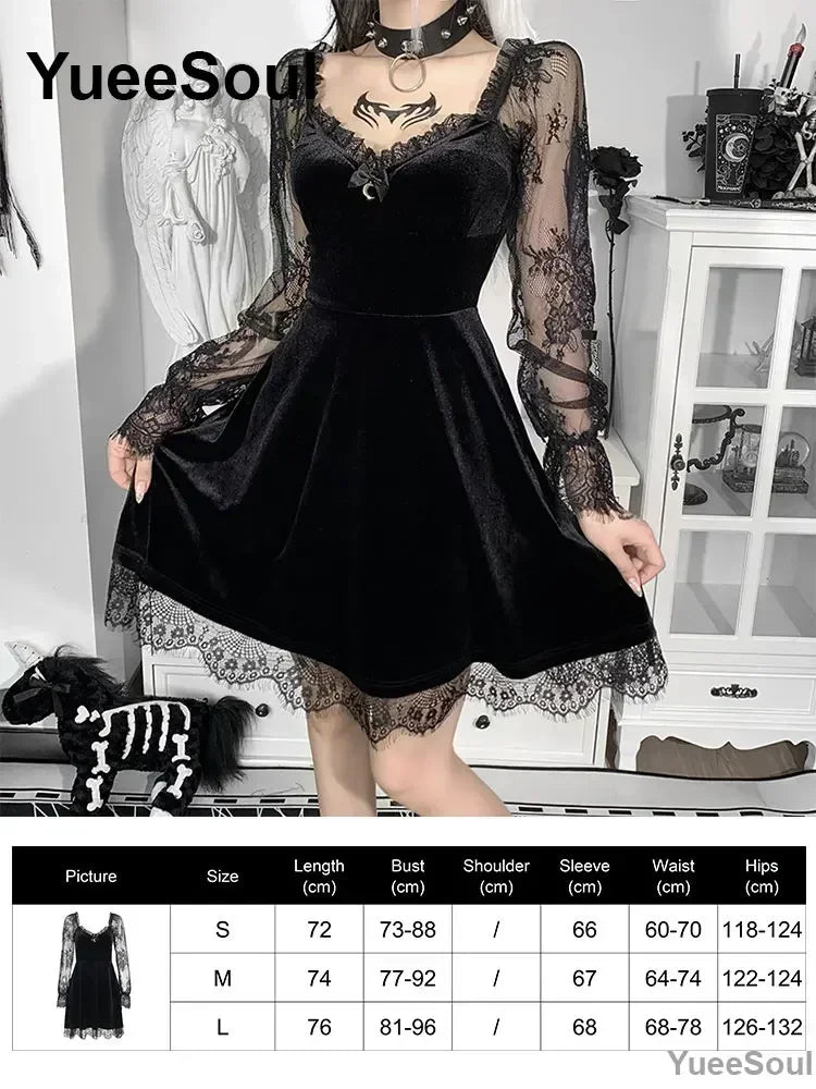 Halloween Gothic Grunge Punk Women Dress Long Sleeve Lace Slim Black Dresses 2025 New Y2K Harajuku Lolita Fairy Core Party Dress