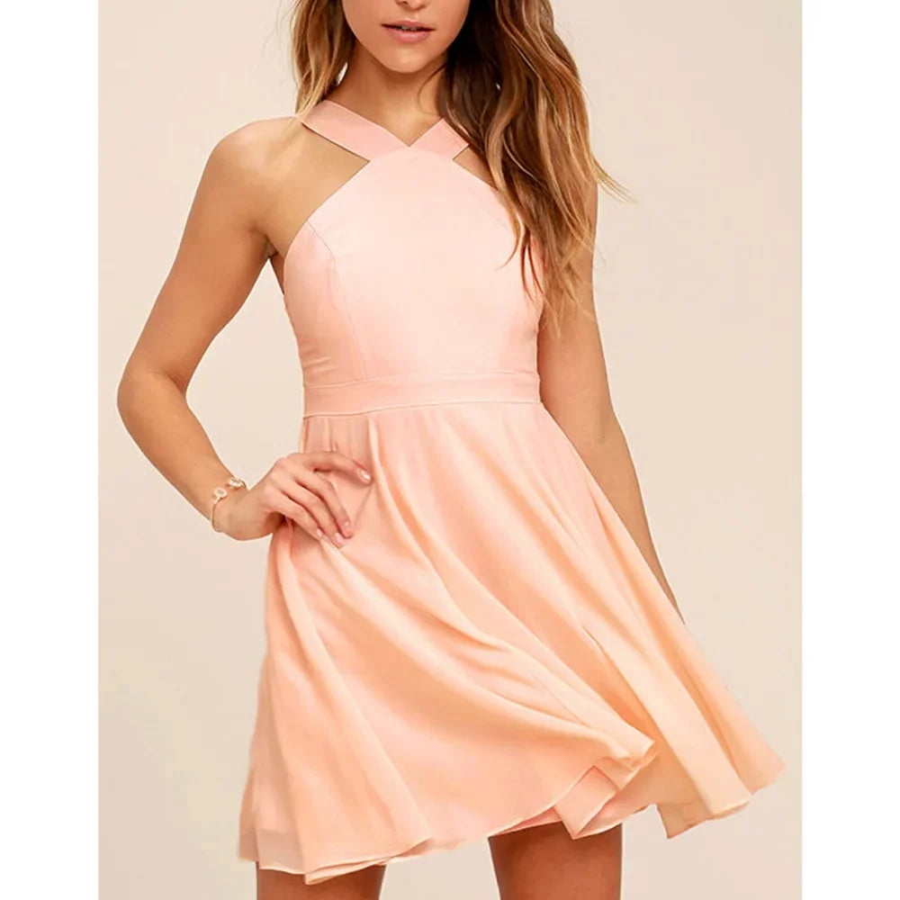 Women Sleeveless Backless Sexy Club Mini Dress 2024 Summer Party Strappy Back Zipper Solid Shift Halter Short Dresses