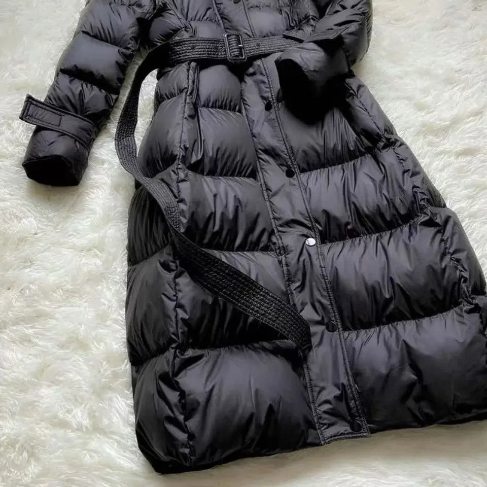 Winter New White Duck Down Down Coat Women Long Windproof Hooded Standing Neck Fashion Belt Slim Fit Coat Parkas Women