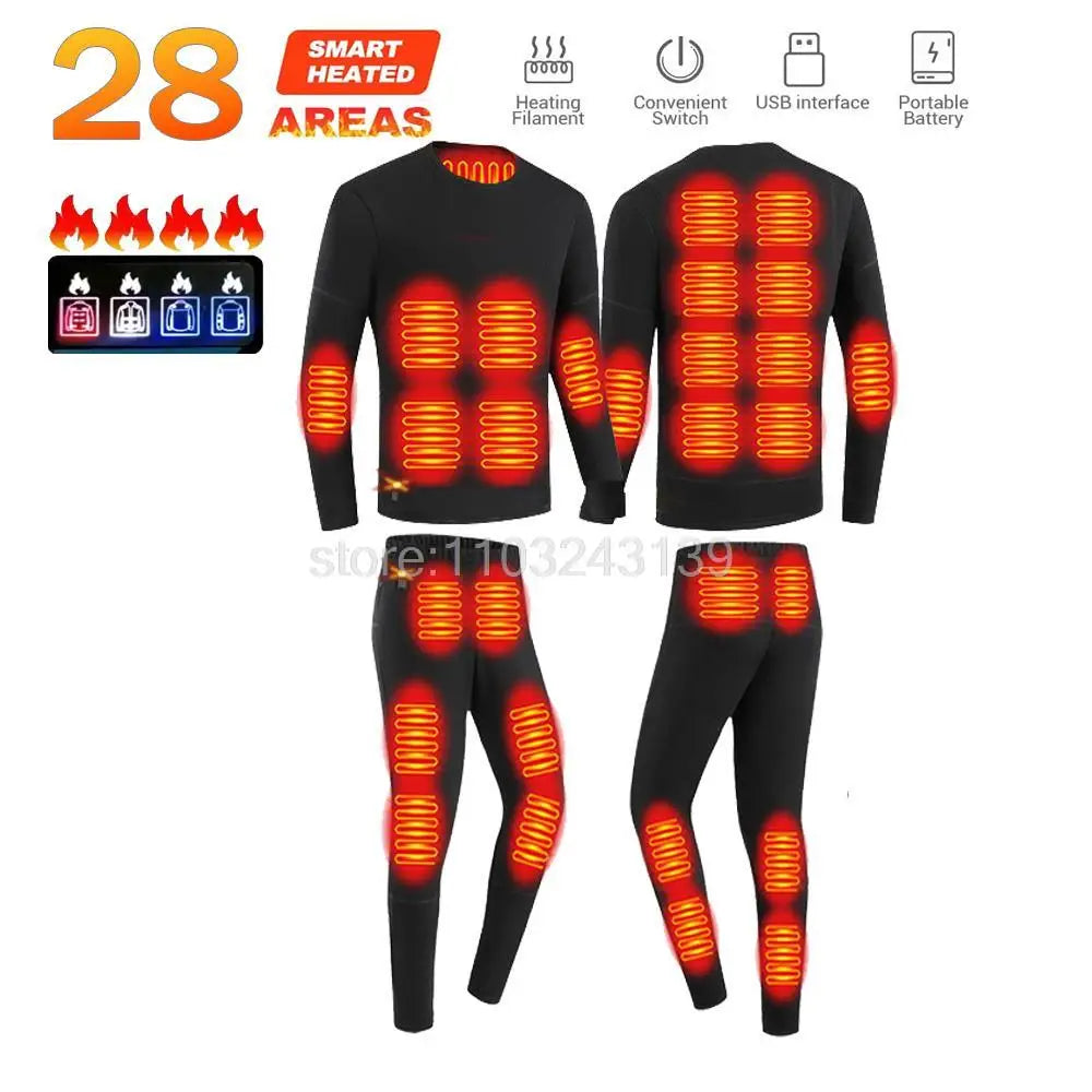 Winter Heated Thermal Underwear Men Heating Jacket Skiwear Heated Jacket Fleece Warm Top Pants USB Electric Heating Clothing