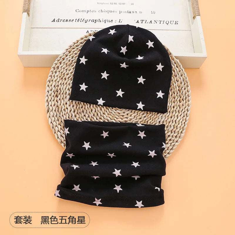 Autumn Winter Cotton Knit Children's Hat Collar 2 Set Boys and Girls Hats Set Baby Solid Color Scarf Cap two-piece