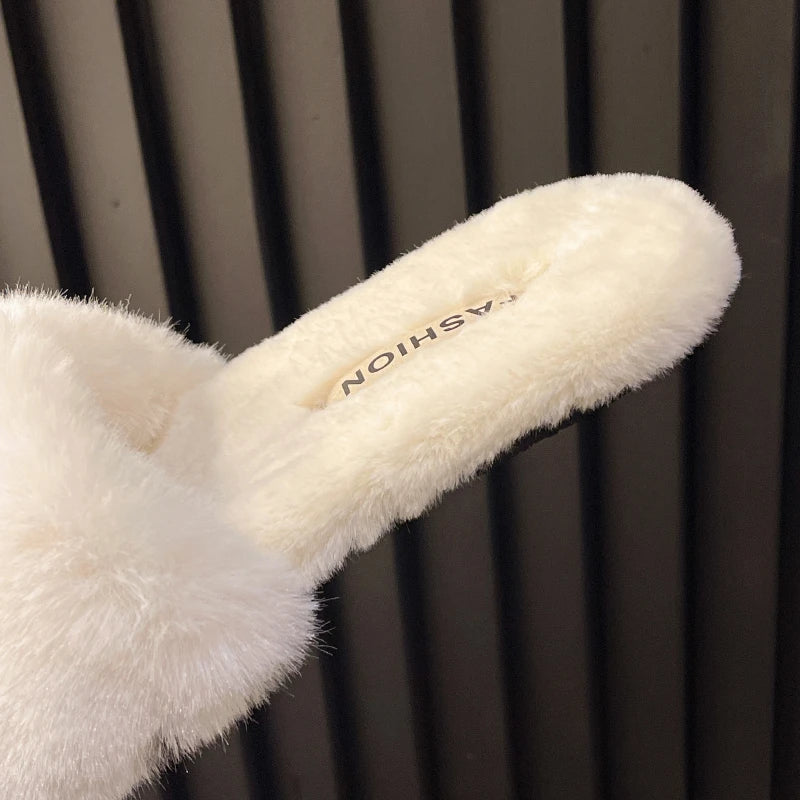 Fashion Winter Warm Women Slippers Cozy Faux Fur Cross Indoor Floor Slides Flat Soft Fluffy Female Celebrities Home Cotton Shoes