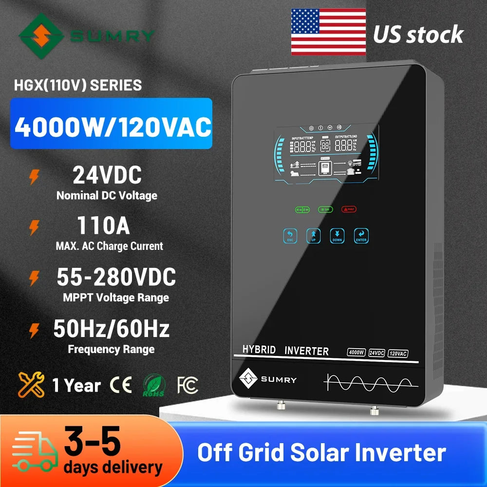 Sumry 4KW 120V Off Grid Solar Inverter 24V 140A 5600W MPPT Charger Pure Sine Wave Home Inverter 6.25 Inch LCD Display