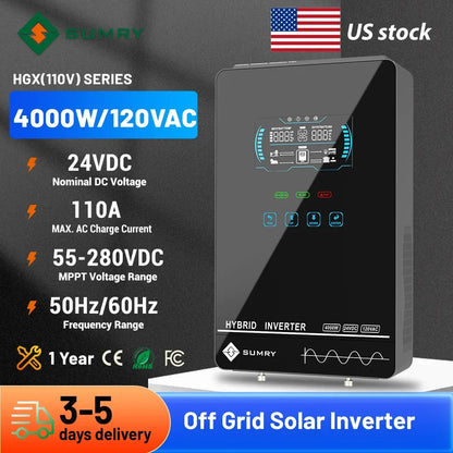 Sumry 4KW 120V Off Grid Solar Inverter 24V 140A 5600W MPPT Charger Pure Sine Wave Home Inverter 6.25 Inch LCD Display