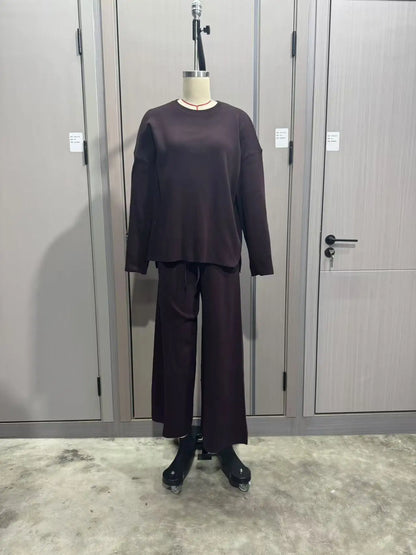 2025 Solid Color Knitted Sweater Two Piece Set Women Fashion Loose O Neck Knitting Pullover Trousers Sets Female Simple Style