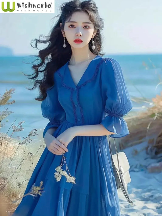 French Blue Bubble Sleeve Dress with Waist Cinching Summer New Style Seaside Vacation Temperament Fresh Dress