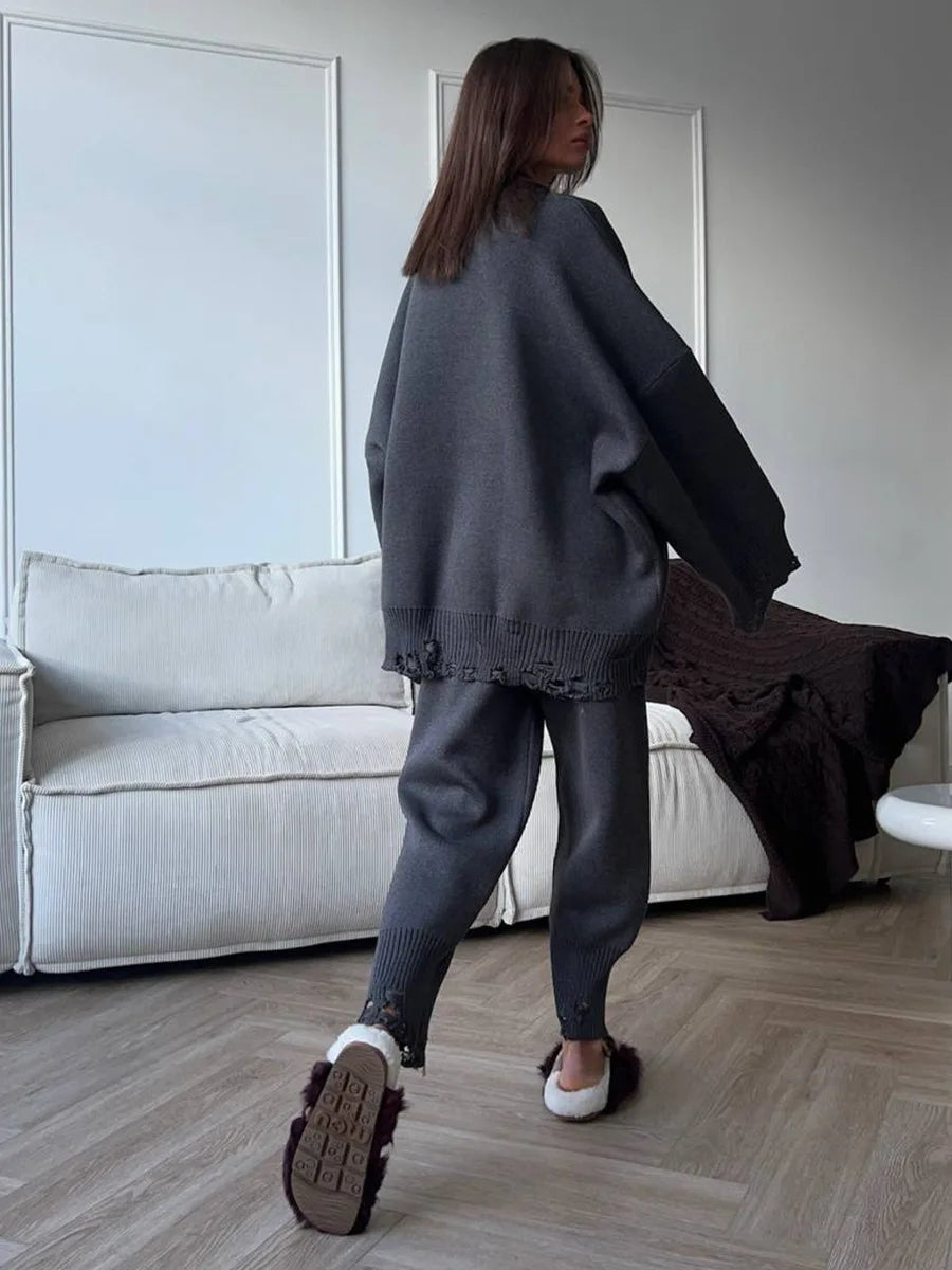 Bornladies Autumn Winter Women's New Turtleneck Knit Sweater Skinny Knit Pants Set Soft Oversized Ripped Hem Fashion Pullover