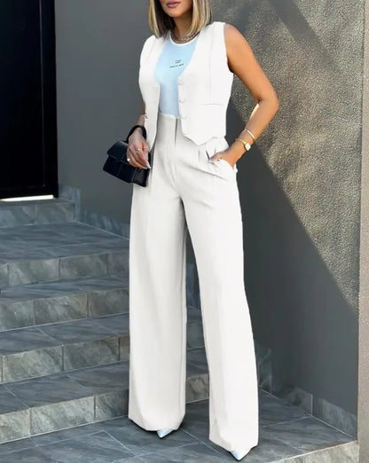 Women OL Blazer Pant Sets 2 Pieces Casual Slim Notched Cardigan Blazer Waistcoat&High Elastic Pocket Wide Leg Trousers Suits