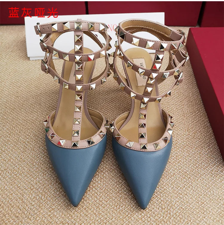 Women's Gladiator sandals Summer Black luxury Woman shoes Rivet High-heeled Three Straps Ankle Fashion Designer Ladies Shoes
