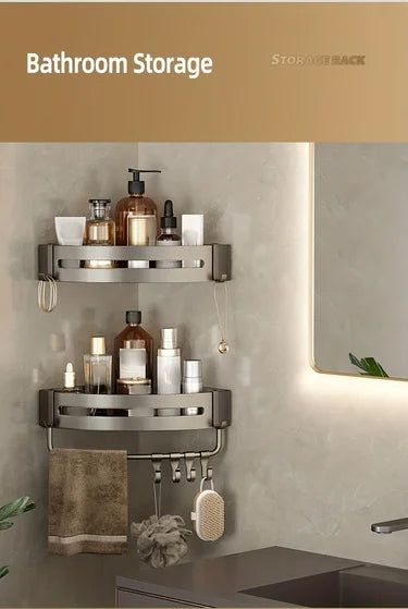 1pc Non-Drill Aluminum Bathroom Storage Rack - Wall-Mounted Corner Shelf for Shampoo, Makeup, and Accessories