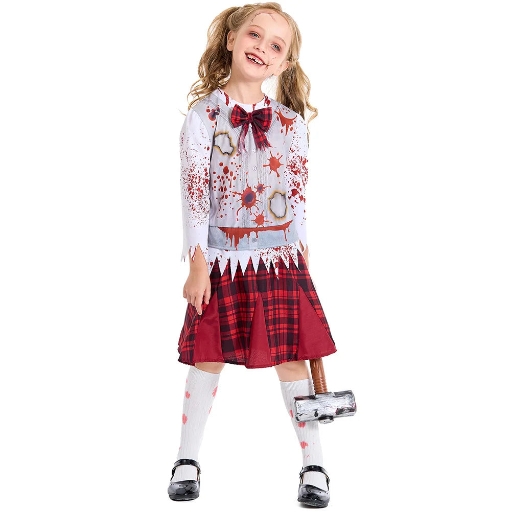 Girls Zombie School Costume Uniform Child Vampire Costume Outfits Scary Halloween Costume for Kids Zombie School Boy Outfits