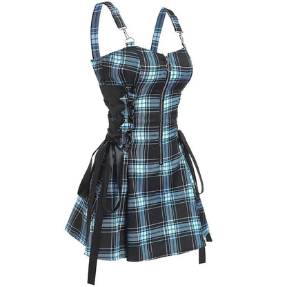 Dark Gothic Women Plaid Dress High Waist Bodycon Vintage Punk Harajuku Lolita Sleeveless Streetwear Y2K Sexy A-Line Mini Dresses