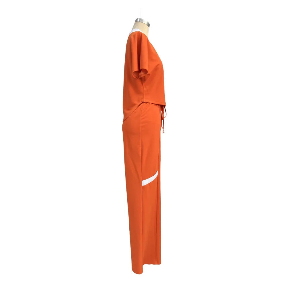 Elegant Women's Casual Short Sleeve T-shirt Sports Suit Summer Fashion Solid V Neck Short Top & Straight Pants Two Piece Sets