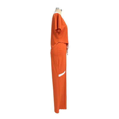 Elegant Women's Casual Short Sleeve T-shirt Sports Suit Summer Fashion Solid V Neck Short Top & Straight Pants Two Piece Sets