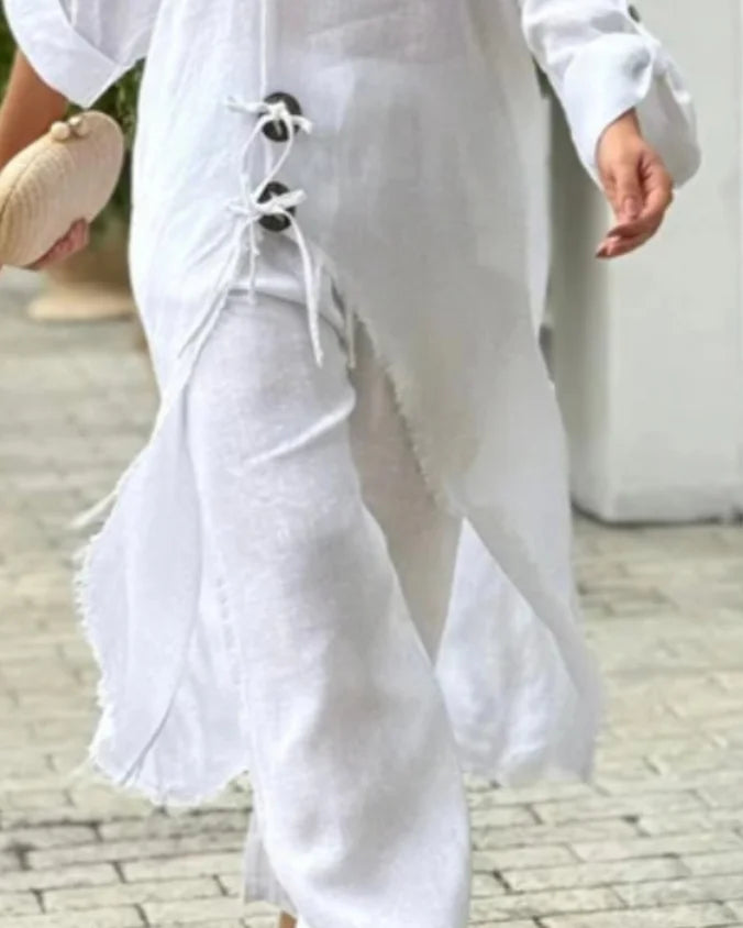 Two Piece Set Women Outfit  Spring Fashion Cold Shoulder Long Sleeve Lace Up Slit Longline Top & Casual Wide Leg Pants Set