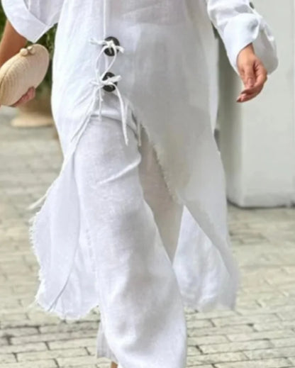 Two Piece Set Women Outfit  Spring Fashion Cold Shoulder Long Sleeve Lace Up Slit Longline Top & Casual Wide Leg Pants Set