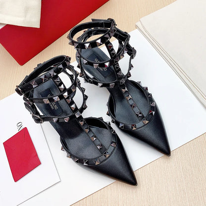 Women's Gladiator sandals Summer Black luxury Woman shoes Rivet High-heeled Three Straps Ankle Fashion Designer Ladies Shoes