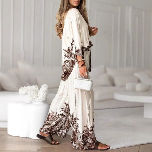 New Autumn Long Sleeve Lapel Shirt Cardigans & Wide Leg Pant Sets Woman 2 Piece Casual Print Single Breasted Suit Leisure Outfit