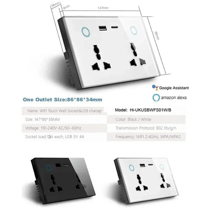 Shawader Tuya Wifi Smart USB Type-C PD 20W Wall Socket Universal Electrical Plug Outlet Power Switch Wireless,Alexa Google Home