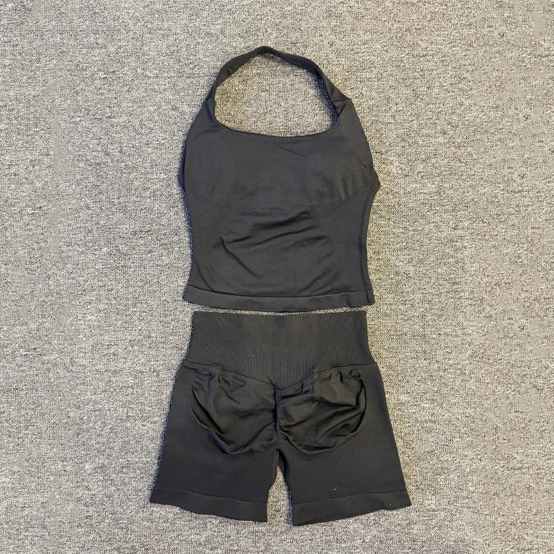Yoga Gym Set Halter Top Set Yoga Leggings Shorts Set Backless Tights Bra Vest Seamless Stretch Ribbed Buttocks Lift Shorts Set