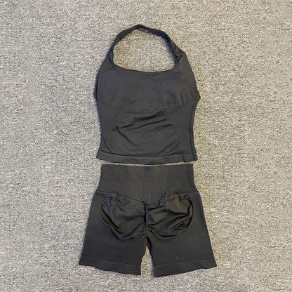 Yoga Gym Set Halter Top Set Yoga Leggings Shorts Set Backless Tights Bra Vest Seamless Stretch Ribbed Buttocks Lift Shorts Set