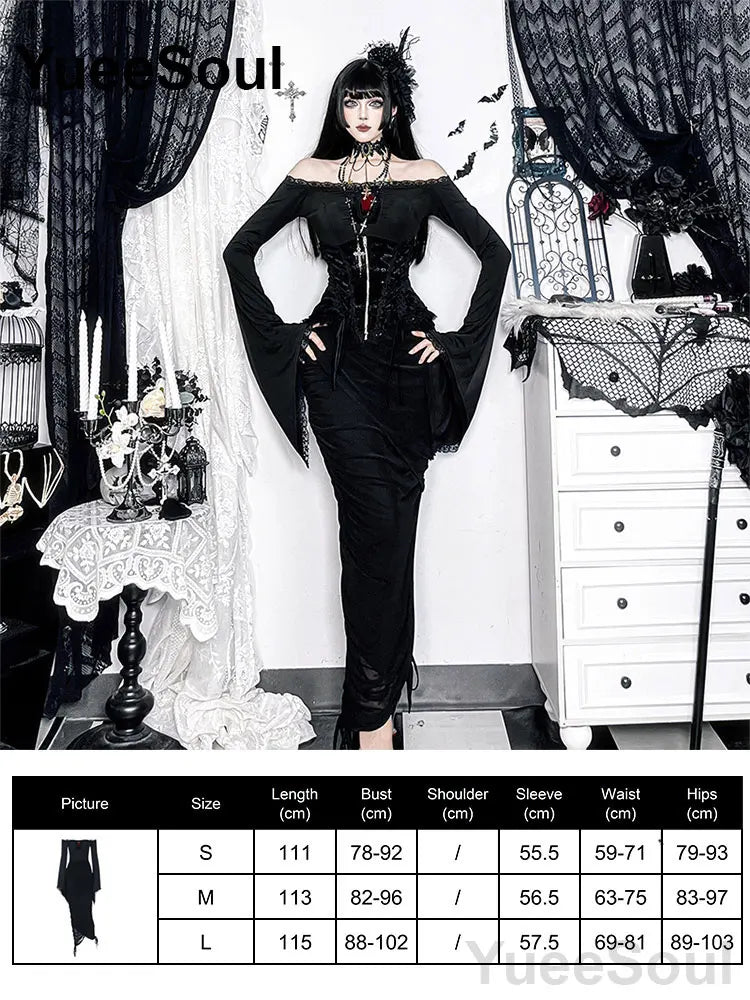 Halloween Gothic Grunge Punk Women Dress Long Sleeve Lace Slim Black Dresses 2025 New Y2K Harajuku Lolita Fairy Core Party Dress