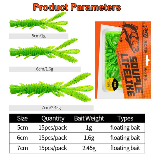 15PCS Floating Soft Shrimp Fishing Bait 5/6/7CM NED Rig Wobbler Shrimp Swim Lure Jig Salt Silicone Swimbait with Fish Attractant
